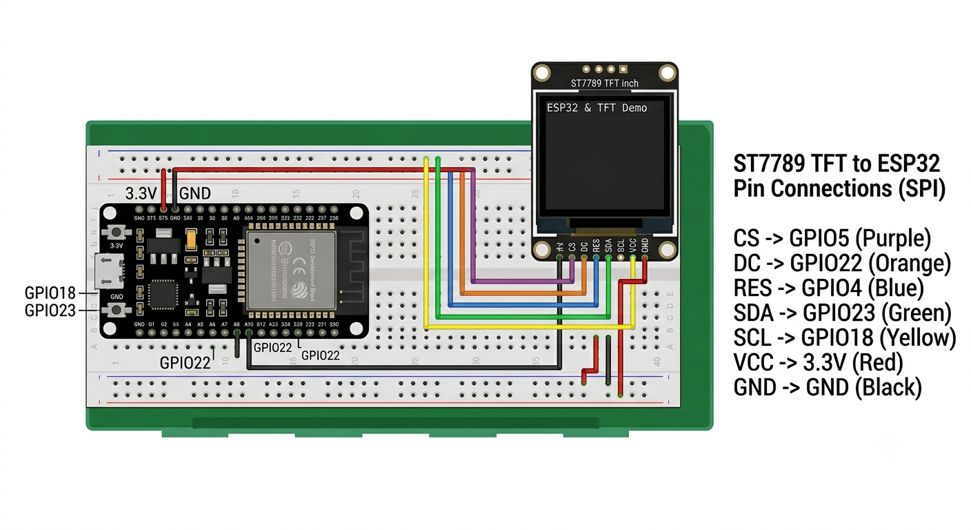 Wiring diagram of ESP32 to 1.3 inch ST7789 TFT display