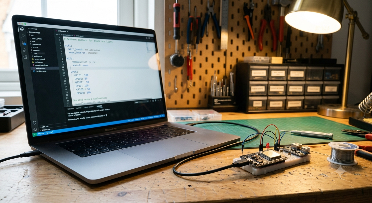 ESP32 board connected via USB cable to a laptop during firmware flashing