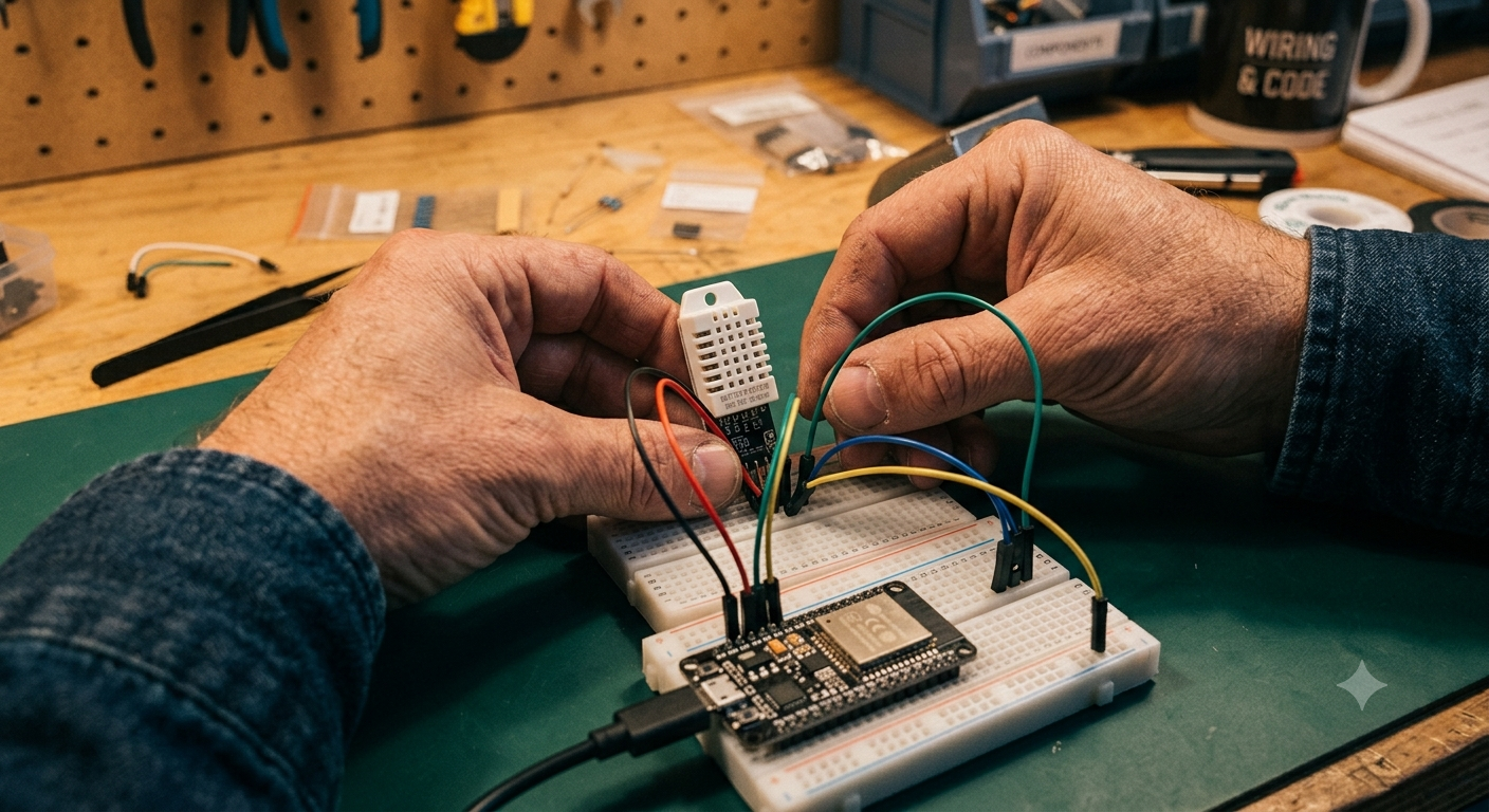 Hands connecting jumper wires from a DHT22 sensor to an ESP32 board